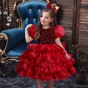 Preciosas lentejuelas Vestidos para niñas de flores de color burdeos Ropa de bautismo para bebés y niños pequeños Hasta la rodilla con lazo de encaje Flores Vestidos de fiesta con tutú Mangas casquillo Ropa formal para niños