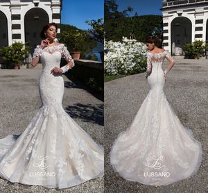 2018 robes de mariée sirène vintage pure manches longues en dentelle encolure dégagée longue train robes de mariée robes de novia