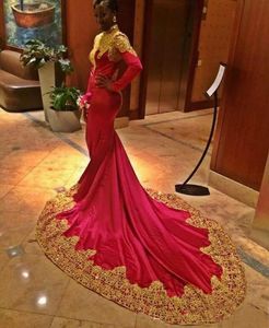 2018 vintage rood lange prom jurken hoge hals sparkly gouden kant applicaties kralen mermaid avondjurken lange mouwen zwarte meisjes dragen