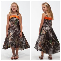 2023 Vintage Spaghetti Volledige Satijn Camo Bloemenmeisje Jurken Hoog Laag Goedkope Verkoop Camouflage Echte Boom Korte Kinderen Formele kleding