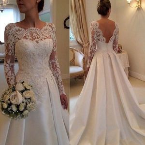 Vintage V-back à manches longues robes de mariée en ligne A appliques à cou transparentes en dentelle en satin long Bridal Vestido de Noiva