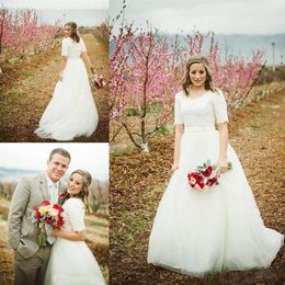 2018 vestidos de novia vintage encaje mangas cortas vestidos de novia barrido largo tul país boda vestidos 259w