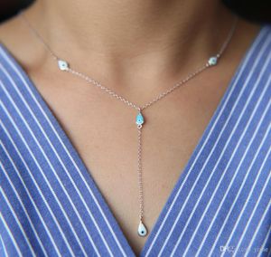 2018 Bruiloft Fabriek Fijne 925 Sterling Zilveren Oceaan Blauw Emaille Evil Oog Danity Delicate Dunne Ketting Sexy Vrouwen Lariat Necklace