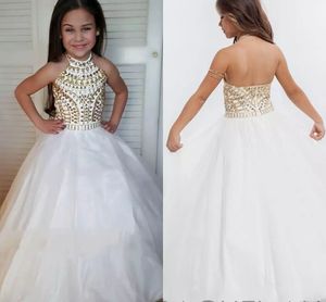 2022 Witte Baljurk Meisjes Pageant Jurken Hoge Hals Halter Gold Crystal Tulle Backless Toddler Meisjes Pageant Jurken voor Juniors