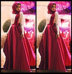 2018 White Red Muslim Dresses Prom Manges largas Vestidos de la noche Hijab Longitud de satén longitud