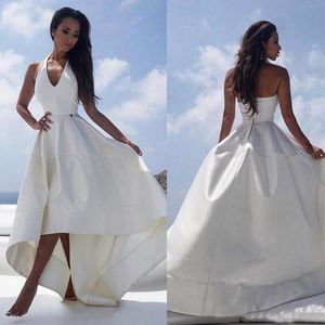 Wit satijnen hoog strand trouwjurk halter v-neck sexy backless receptie jurk voor vrouwen zomer bruids feestjurken