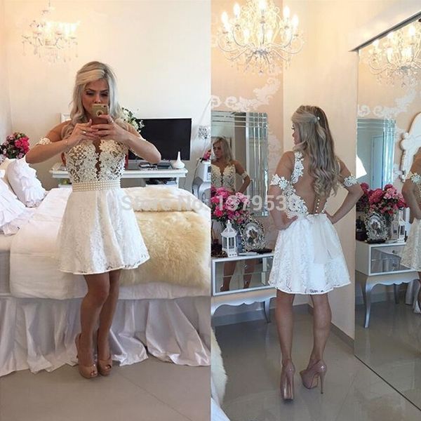 Vestidos cortos blancos de fiesta, manga corta, encaje transparente, apliques hasta la rodilla, vestidos de fiesta de graduación con perlas DH1486