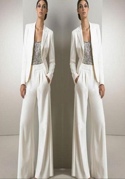 2018 White Three Pieces Mother of the Bride Pant trajes para el vestido de invitado de boda de lentejuelas plateadas con chaquetas plus talla1728143