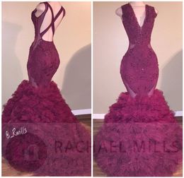 2018 Wine Red Nieuwe Mermaid Corset Prom Dresses Sexy Deep Vneck Appliques Ruffle Rok Rok Tiered Laceup Party Receptie Evening PAGEA4902210
