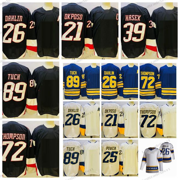 Mens 2022 Reverse Retro 26 Maillots de hockey Rasmus Dahlin New Black 21 Kyle Okposo 72 Tage Thompson 89 Alex Tuch 39 Dominik Hasek 25 Owen Power Stitched Shirts Blue