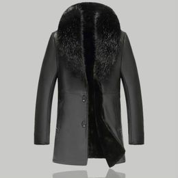 Chaquetas de cuero de invierno para hombre, abrigos informales con cuello de piel, chaqueta de piel sintética para motocicleta, ropa larga negra