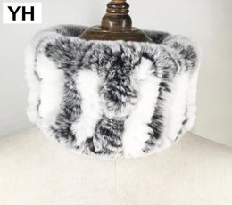 2018 Winter Femmes Handmade Stretch 100 Real REX Fur Scarf Knit Knit Rex Rex Rabbit Fur Bandons Filles Anneau de fourrure Naturel Scarves S16110476