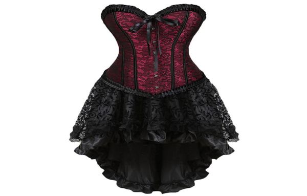 2018 Mujeres Burlesque Dancer Witch Halloween Sexy Overbust Bustier Mini Vestido de Corsé Gótico Con Falda Plus J1907012208451