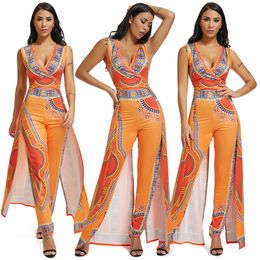 Imprimé ethnique africain femmes combinaison barboteuse Orange Wrap col en V profond sans manches longue jambe large Club fête combinaisons barboteuses