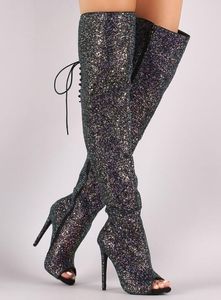 2018 vrouwen glitter booties peep teen partij schoenen dunne hak lace up lovertjes laarzen dij hoge hoge gladiator booties