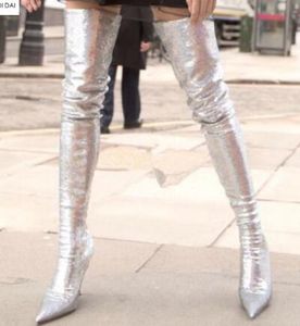 2018 vrouwen glitter laarzen bling bling sequin booties dunne hak over knie hoge laarzen dames feestschoenen elastische sok booties vrouwen