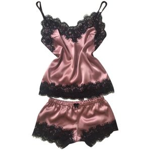 2018 Vêtements de nuit pour femmes Babydoll Lingerie Sexy Satin Pyjama Ensemble Noir Dentelle Col En V Pyjama Sans Manches Mignon Cami Top et Sho221k