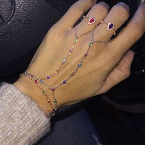 2018 vrouwen slavenarmband met ring rose goud verzilverd kleurrijke bezel cz schakelketting hand sieraden Behomia regenboog mode armbanden