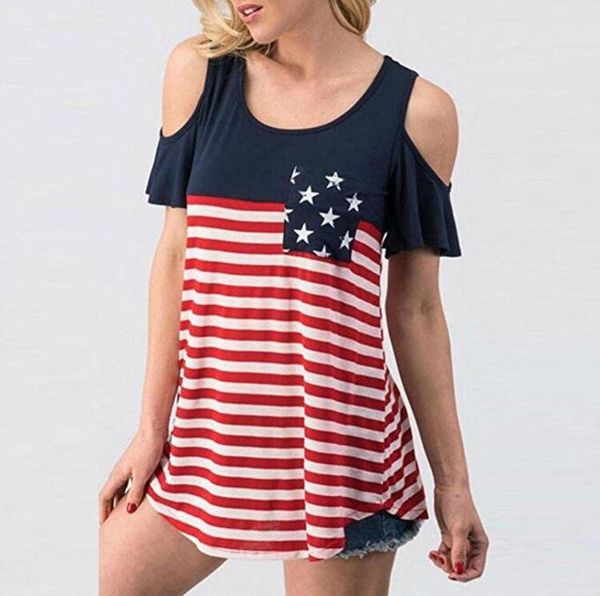 Haut pour femme épaule dénudée sans bretelles t-shirt mode femmes drapeau américain imprimé col rond épaule froide t-shirt roupas feminina