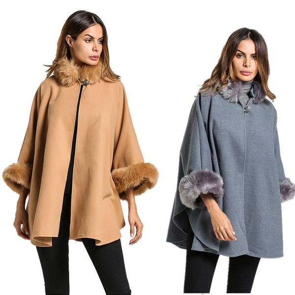 2018 femmes hiver laine poncho et capes avec fausse fourrure de renard col montant pardessus manches évasées bouton cardigan S-3XL