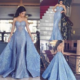 2019 Yousef Aljasmi Vestidos de fiesta de sirena árabe con tren desmontable Vestido de manga larga transparente Vestido de noche Vestido de fiesta formal con apliques de encaje