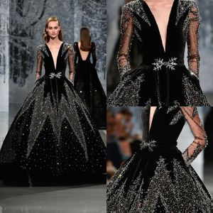 Ziad Nakad Prom Jurken Luxe Beaded Pailletten Crystal Avondjurken Sexy Deep V-hals Velvet Lange Mouw Speciale Gelegenheid Jurk