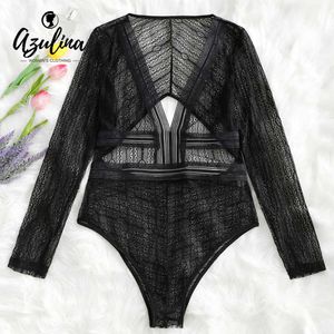 20187 AZULINA Sexy Cut Out Plunge Sheer Body de manga larga See-Thru Lace Women Rompers Summer Fall Solid Jumpsuits Ladies Overoles