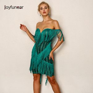 20187 JoyFunear Off Shoulder Tassel Mini Party Jurk Dames Groothandel Solid Celebrity Clubwear Bandage Vintage Jurken Drop Shipping