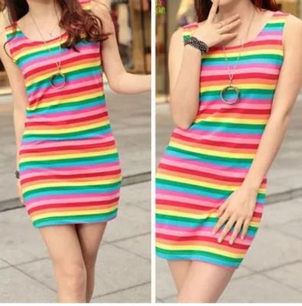 20188 2018 Otoño Moda Rainbow Rayas Tank Dress O-cuello Sin mangas Casual Vestidos largos Lady Elegant Slim Dress Plus Size Talever