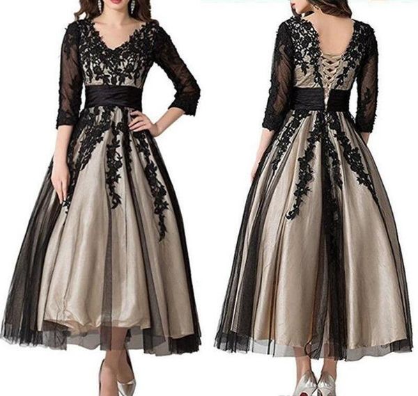 2019 3/4 manches longues dentelle noire mère de la mariée robes cheville longueur col en V champagne doublure robe de mariée invité occasion spéciale