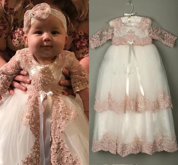 2019 3/4 robes de baptême à manches longues pour bébés filles dentelle perles appliquées robes de baptême avec bonnet première robe de communication