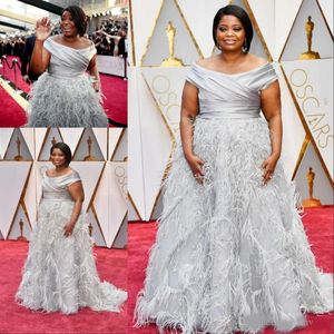 89th Oscar Plus Size Silver Prom Dresses Off The Shoulder Luxury Feather Sweep Train Avondjurken