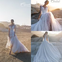 2019 Una línea Vestidos de novia bohemios Espagueti Sexy Sin respaldo Tren de barrido Cinturón Playa Boho Vestidos de novia Vestido de novia por encargo Tallas grandes