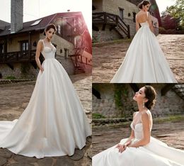 2019 Een lijn Satijn Strand Trouwjurken Spaghetti Sweep Trein Backless Kant Applicaties Simple Country Bridal Jads Custom Made Trouwjurk