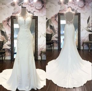 2019 een lijn trouwjurken sheer nek satijn kant applicaties zomer bescheiden bruidsjurken formele vrouwen jurk