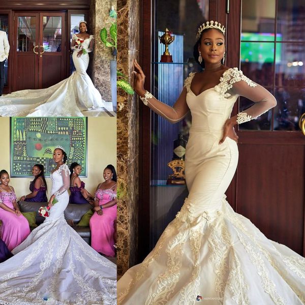 2019 Vestidos de novia de sirena africana con cuello en V Vestidos de novia de boda blancos Tren de barrido Apliques de encaje Vestido de novia de manga larga Tallas grandes