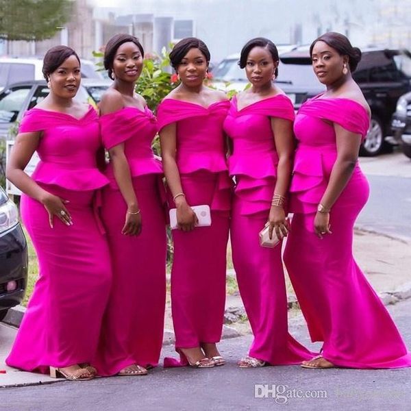 El más nuevo vestido de dama de honor de sirena africano de Nigeria fucsia de talla grande para bodas con hombros descubiertos Peplum Vestidos de dama de honor batas de demoiselle