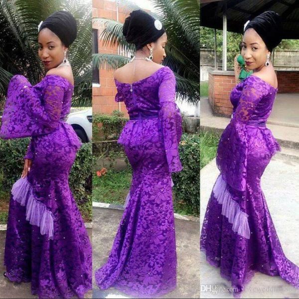 2019 Robes de soirée nigérianes africaines Purple Aso Ebi Styles en dentelle au large de l'épaule peplum Puffy Long Served Sirène Robes de bal GOW 263M