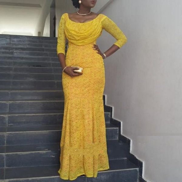 2019 robe de soirée jaune africaine motifs de dentelle longue encolure dégagée drapé devant corsage 3/4 longueur manches robe de soirée sirène