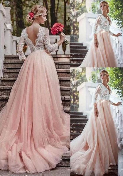 2019 Robes de mariée rose Blush Aline avec 34 manches à manches longues Jupe en dentelle robe de mariée country vneck robes nuptiales pas cher2056904
