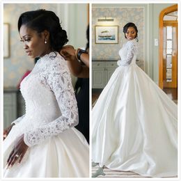 Arabe aso ebi grande taille dentelle perlée robes de mariée col haut manches longues robes de mariée pas cher robes de mariée zj443