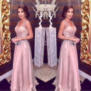2019 arabisch Elegant Blush Roze Avondjurken Lange A-lijn Sexy Bandjes V-hals Major Kralen Prom Party Red Carpet Dress Meisjes Page210n