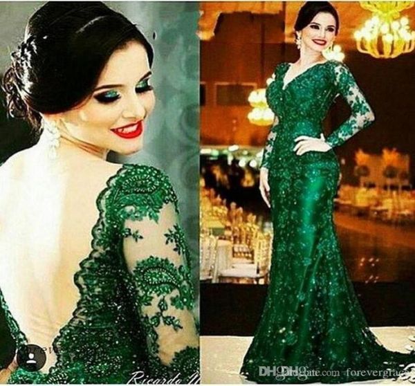 2019 Arabe Emerald Green Sirène Robe de soirée pas cher Vneck Sheer Backless Long Long Maneves Mother Foral Wear Party Robe Custom Made5818255