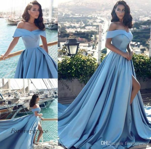 2019 Arabe Light Blue Formel Robe Formal Cheap une ligne hors des épaules divisé longue robe de fête d'usure formelle sur mesure plus taille 6342974