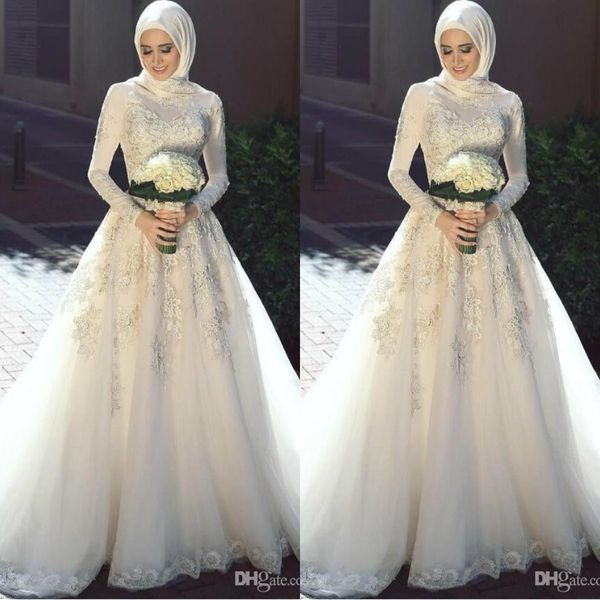 Vestidos De Novia musulmanes 2020, apliques De encaje con hiyab, vestidos De Novia De manga larga, Vestido De Novia De talla grande, Vestido De Novia