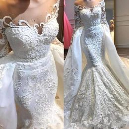 2019 Arabe Sheer Manches Longues En Dentelle Robes De Mariée Sirène Tulle Applique Perlée Balayage Train Robes De Mariée Avec Plus De Jupes BC1295