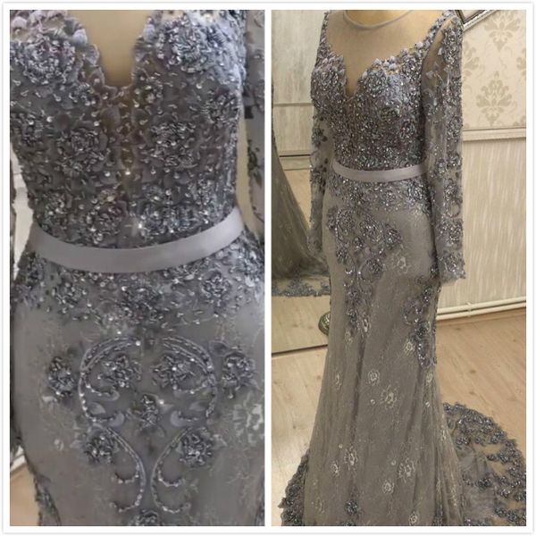 2019 Arabe Argent Luxueux Dentelle Perlée Mère De Robes De Mariée Sirène Manches Longues Mère De Robes De Marié Robes De Soirée Vintage