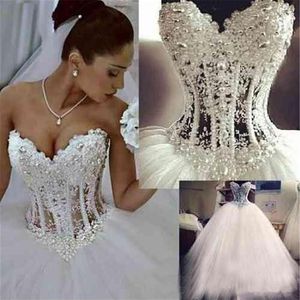 2019 Árabe Corsé de amor a través de la longitud del piso Princesa Princesa Bridal Pearls Pearls Customed Ball Gown Boda Dres312b