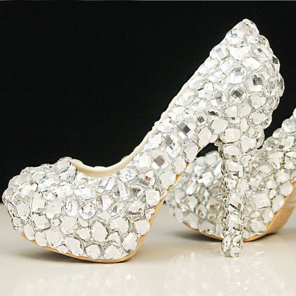 Arrivée élégante diamant chaussures de mariage mode belle argent cristal talons hauts scintillant plate-forme femme pompes Banquet chaussures de bal