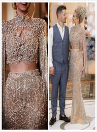 2019 Aso Ebi árabe dorado lujosos vestidos de noche atractivos cristales con cuentas sirena vestidos de baile con lentejuelas fiesta formal segunda recepción3474084